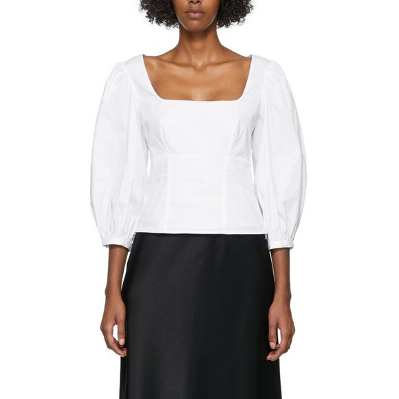 NEW STAUD Womens Size 4 White Lana Poplin Top Puff Sleeves Cropped MSRP $195